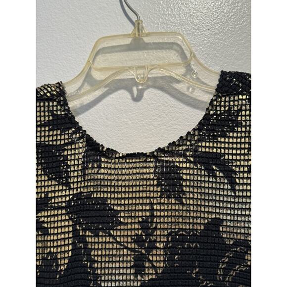 Vintage Janine Medium Gold Black Floral Cocktail Dress Open Back Mosaic Retro - Picture 7 of 16